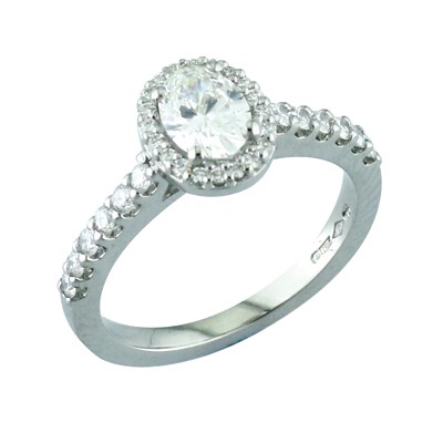 Oval shaped diamond halo platinum cluster ring
