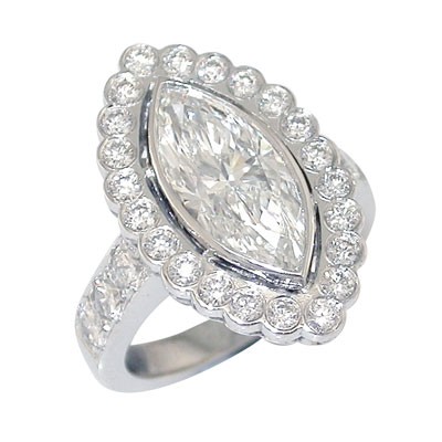 Marquise shaped diamond halo cluster ring