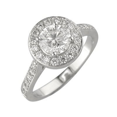 Platinum and round shaped diamond halo style cluster ring