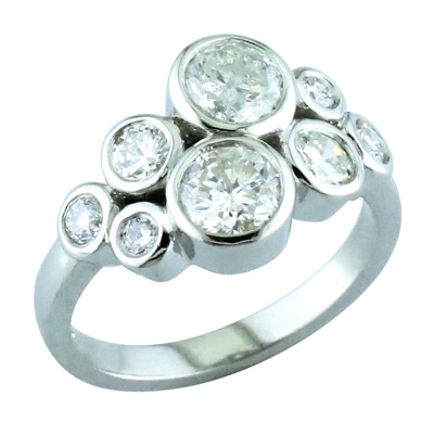 Multi size platinum and diamond bubble ring