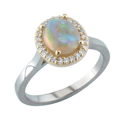 Opal and diamond halo cluster ring