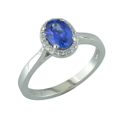 Sapphire and diamond halo platinum cluster ring