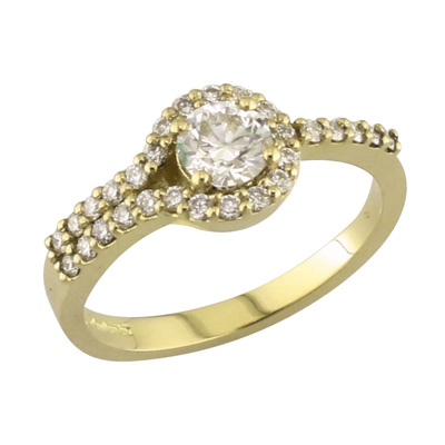 Diamond halo cluster ring with set in yellow gold