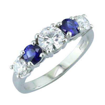 Sapphire and diamond platinum five stone ring
