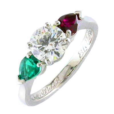 Emerald, diamond and ruby three stone ring representing the Hungarian flag