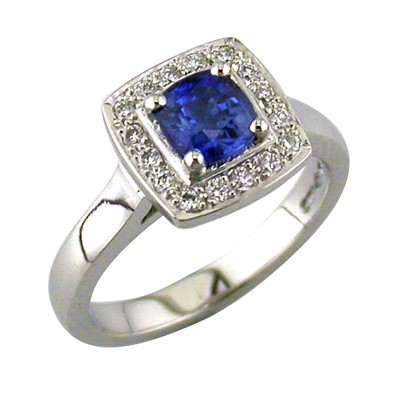 Sapphire and diamond, platinum halo cluster ring