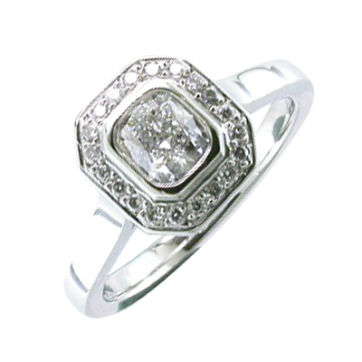 Cushion cut diamond halo cluster ring