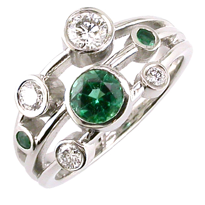 Platinum, Emerald and diamond bubble set ring