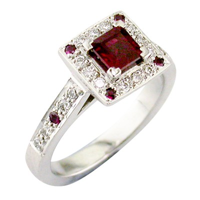 Ruby and diamond, platinum halo cluster ring