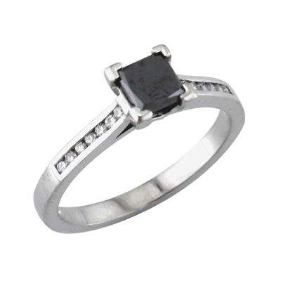 Princess cut black diamond ring with channel set shoulders