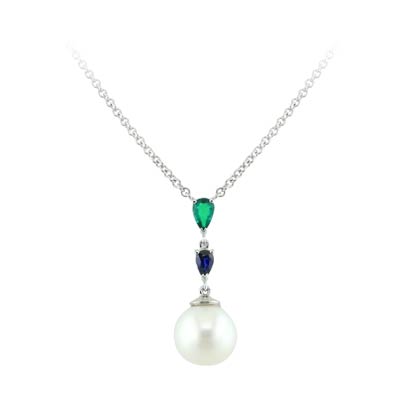 Pearl pendant with pear shaped emerald and sapphire