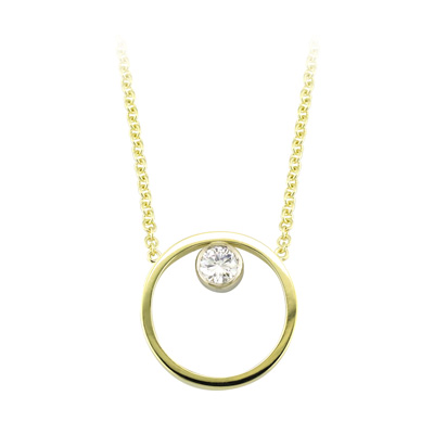 Gold circular pendant with a bezel set diamond