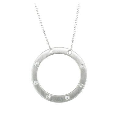 White gold circular pedant with flush set diamonds