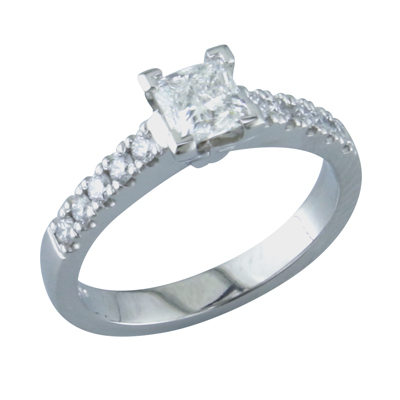 Princess cut diamond single stone with claw set shoulders