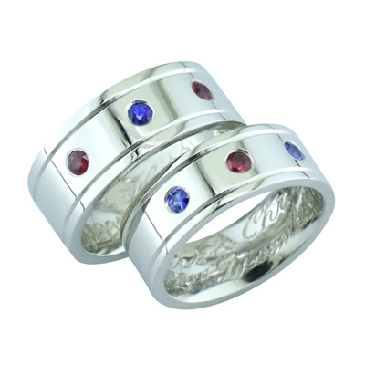 Ladies and gent’s band’s with rubies and sapphires flush set across the top