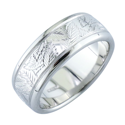 Gents platinum band with leaf style engraving