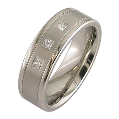 Gent’s white gold band with matt finish centre and polished edges and flush set princess cut diamonds