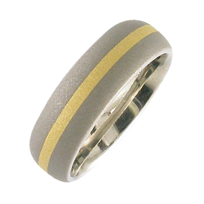 Gent’s matt finish wedding ring with yellow gold inlay