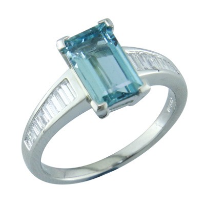 Aquamarine and channel set diamond ring