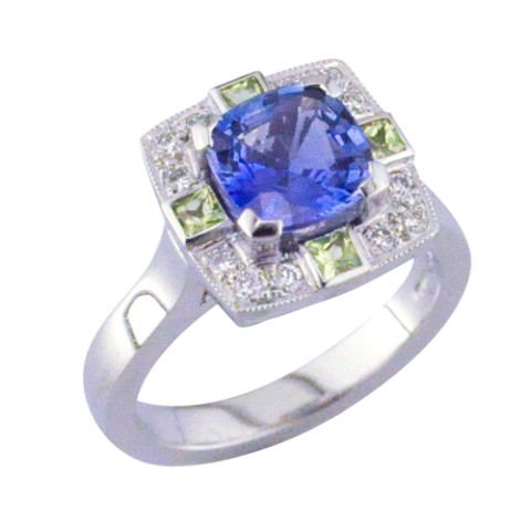 Platinum, sapphire diamond and peridot cluster ring