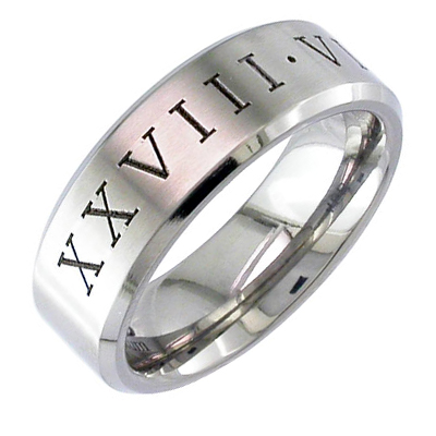Gent’s platinum band with roman numeral engraving and angled chamfered edge