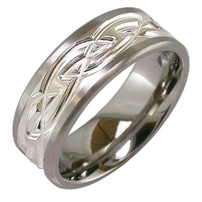Gents wide 18ct white gold band with engraved  pattern in the centre