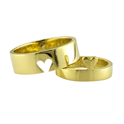 Ladies and gents 18ct yellow gold interlocking bands