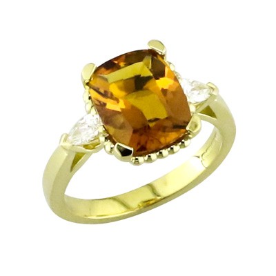 Cushion cut, citrine three stone yellow gold ring with pear shaped diamonds